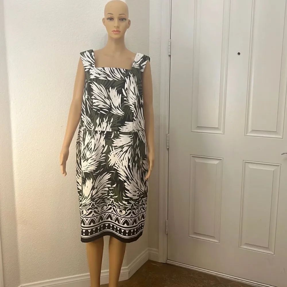 Studio 1 Dress Size 18W Square Neck Sleeveless Palm Tree Frond Island Print Midi